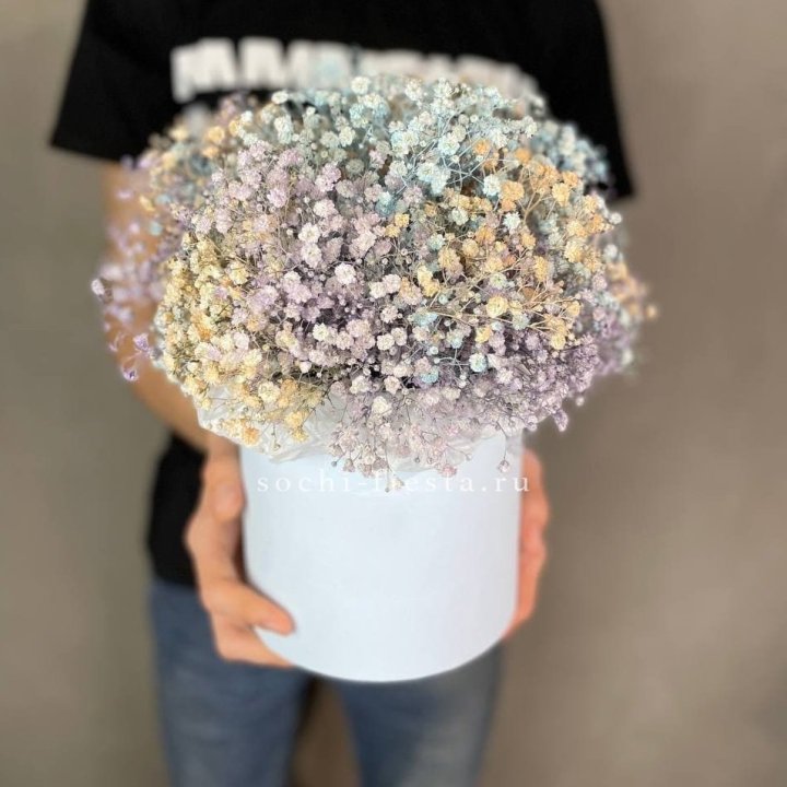 9 Радужных гипсофил в шляпной коробке в Ярославле